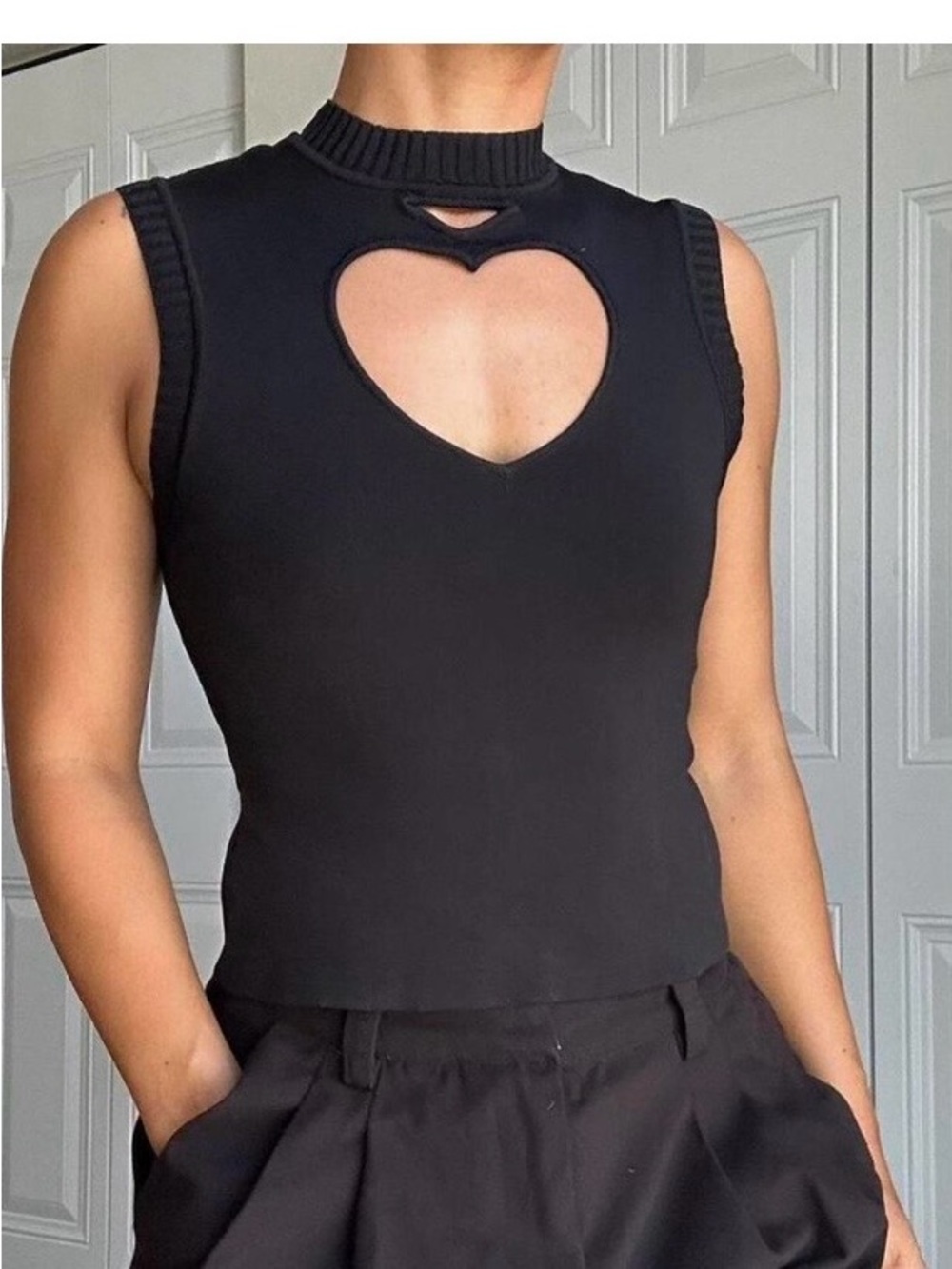 STAUD Black Sleeveless Heart Cutout Tank
